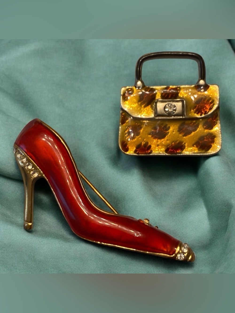 Vintage Red Enamel High Heel Brooch & Purse Handbag, Rhinestone Fashion Jewelry